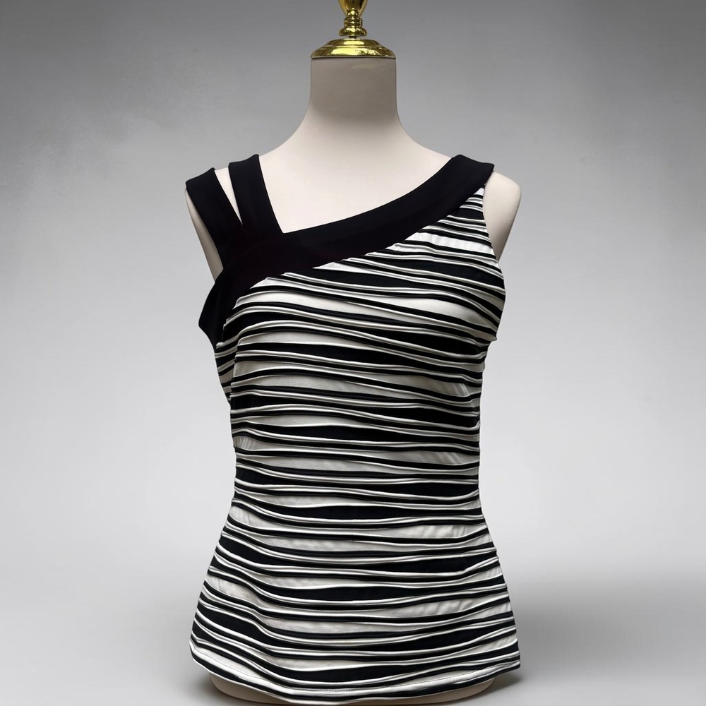 Joseph‎ Ribkoff Asymmetrical Tank Top 10 Black White Textured Striped Monochrome
